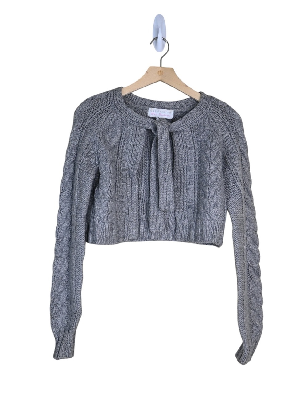 Design History Women's L Pure Cashmere Gray Cable-Knit Cropped Cardigan
